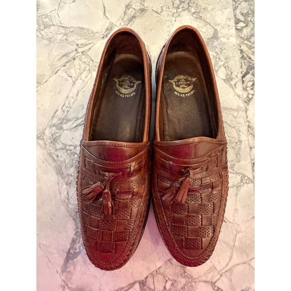 Florsheim 30429 Mens 9.5 D Brown Leather Woven Tassel Loafers Dress Shoes